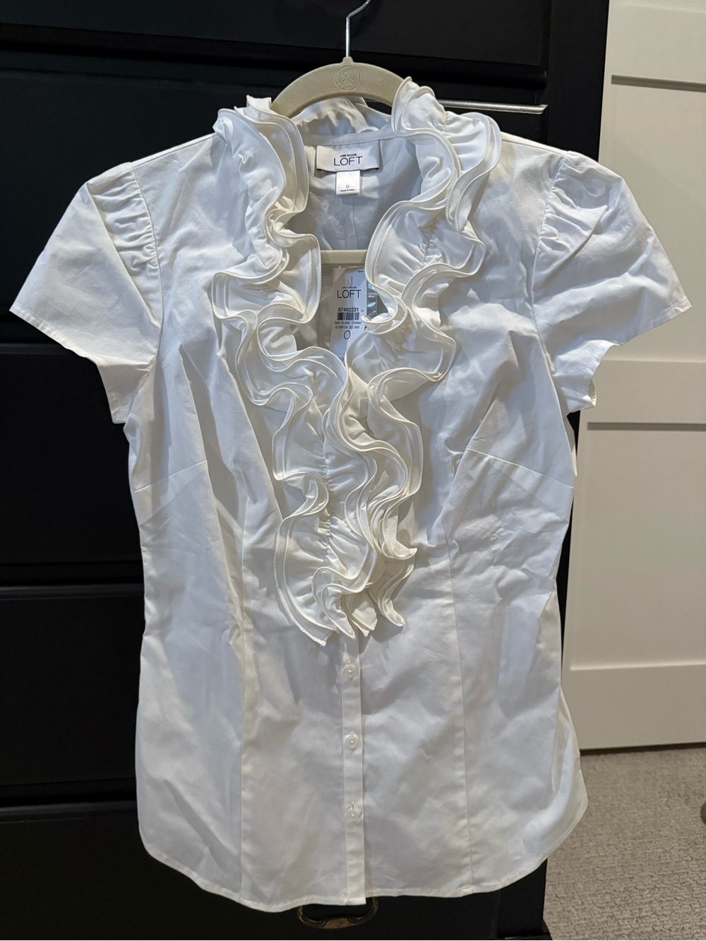 LOFT White Short Sleeve Ruffle Front Button-Down Blouse